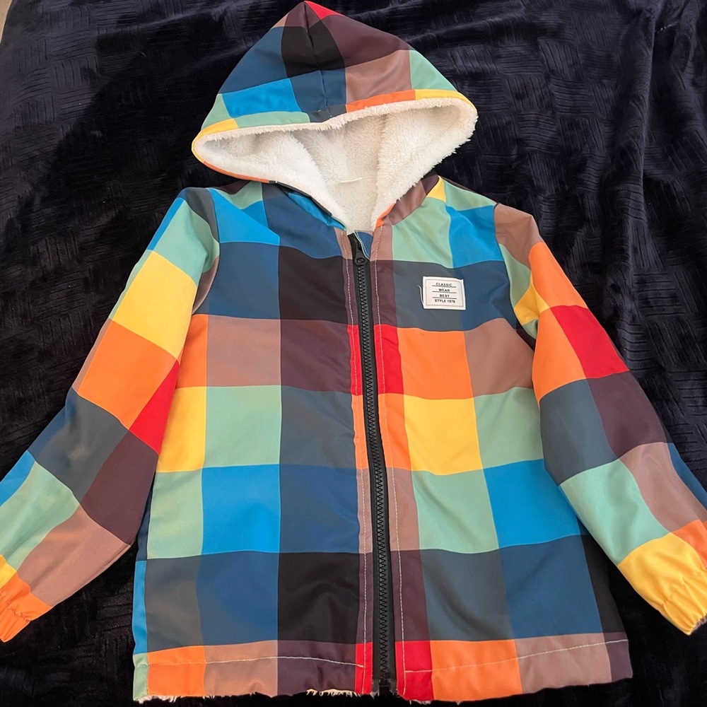 SHEIN Red and Blue Geometric Raincoat with Hood